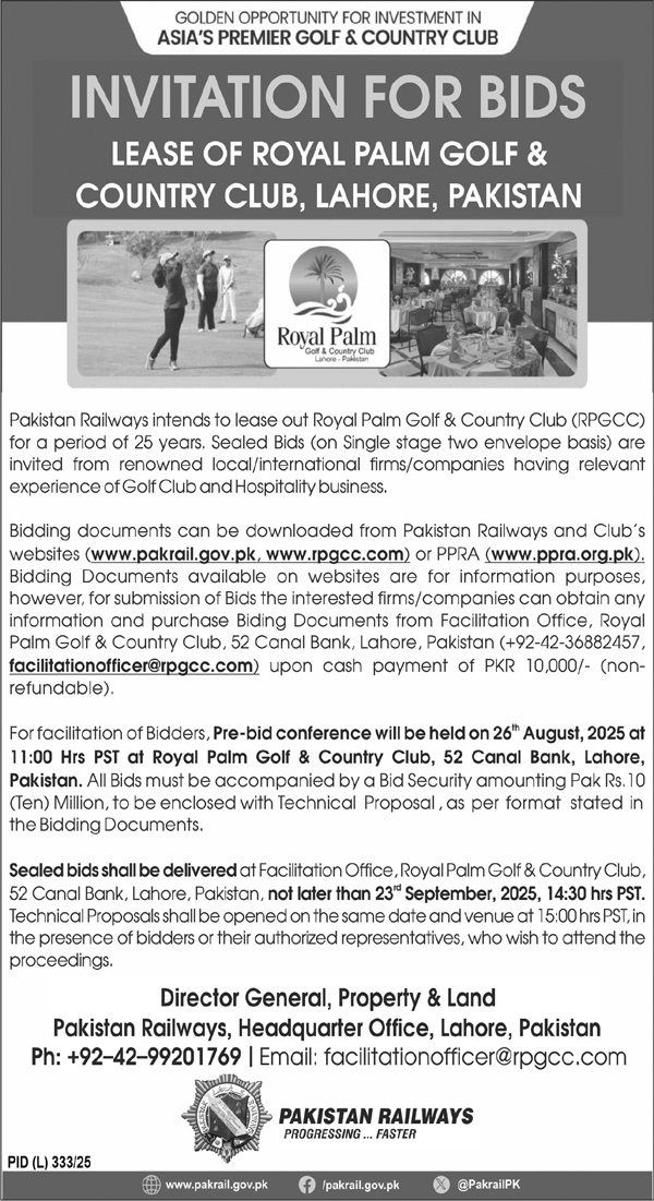 Pakistan Railways Lahore Tender Notice